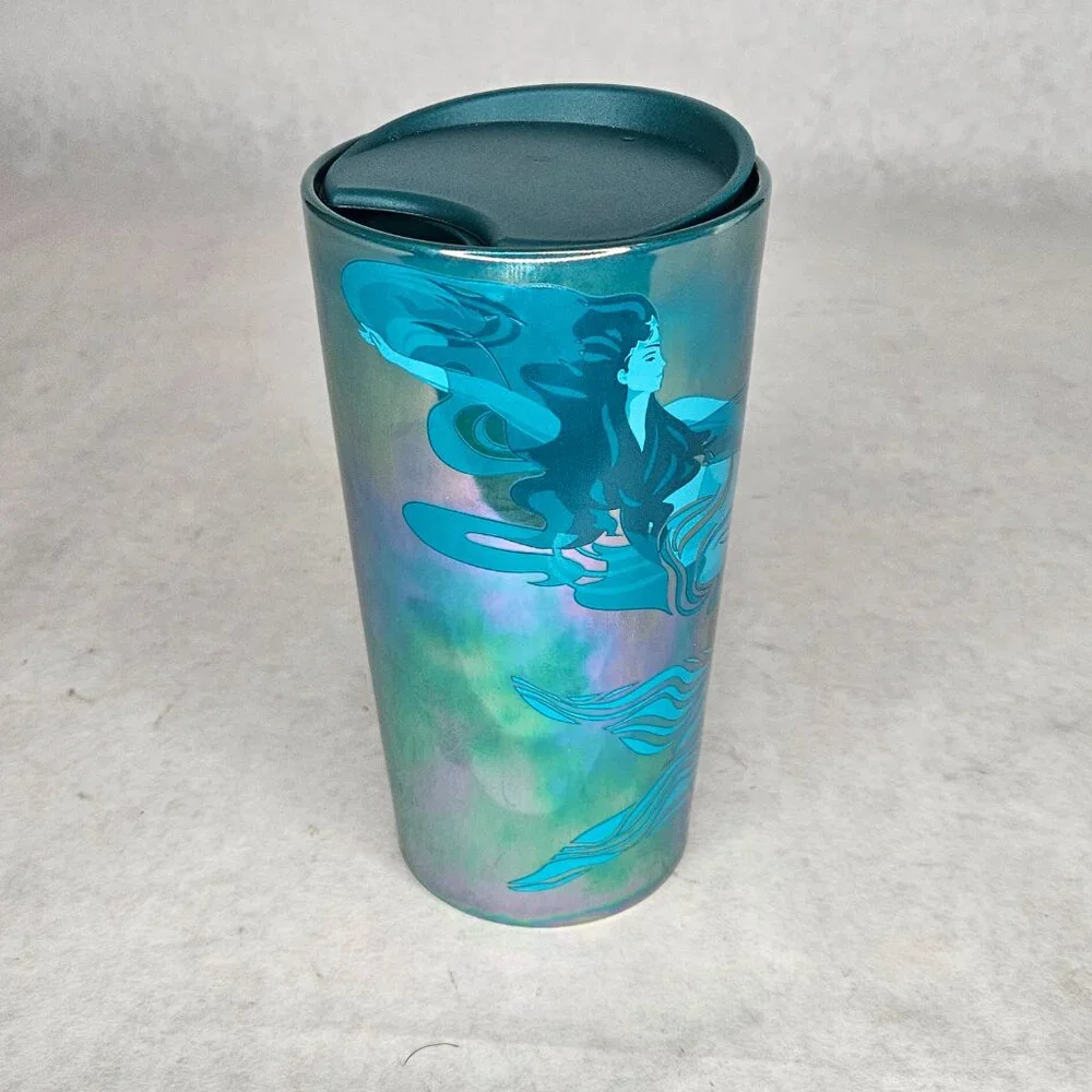 Starbucks Blue Green Siren Logo Iridescent Mermaid Ceramic Coffee Cup with Lid - Picture 3 of 8